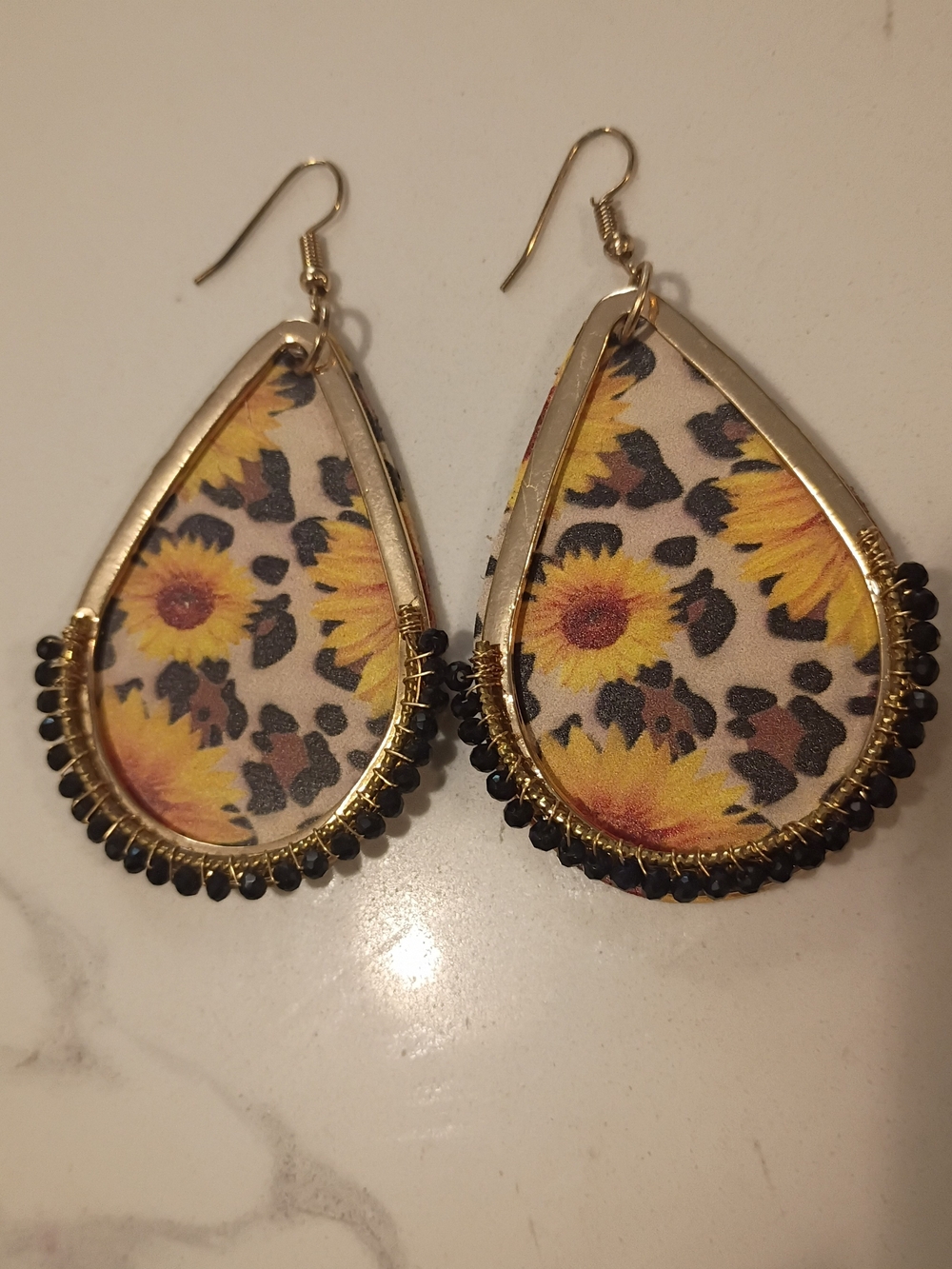 Sunflower Leopard Print Teardrop Dangle Earrings - Gold Tone Black Beaded